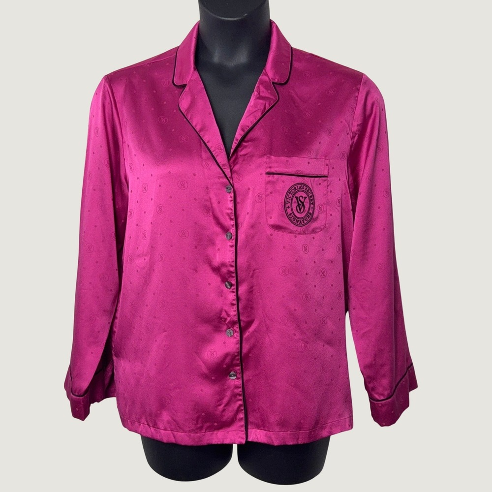 Victoria's Secret Satin Pajama Top Magenta Pink M Long Sleeve Logo Jacquard